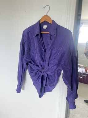 Michelle Louise Vintage Purple 100% Silk Button-Up Tie-Front Blouse